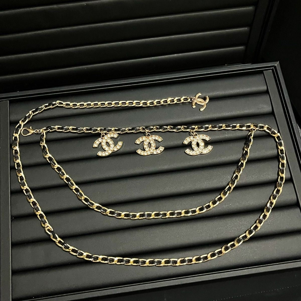 Gold & Black Double-Layer Chain Belt with Crystal Interlocking Charm Pendants