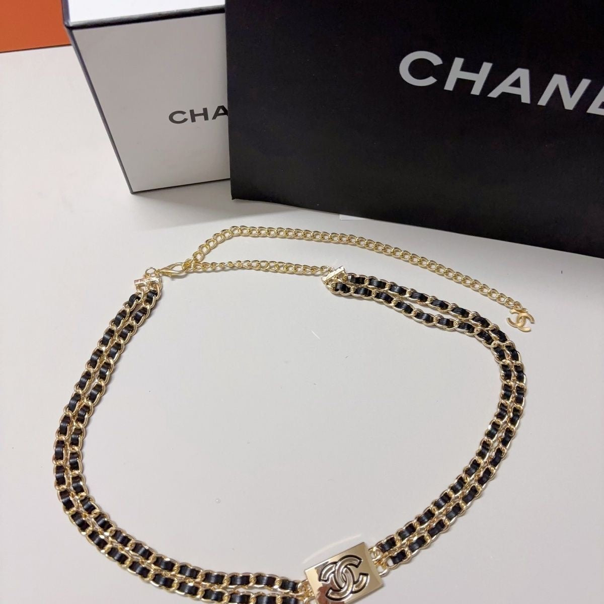 Triple-Layer Leather-Woven Chain Belt with Rectangle Buckle Charm