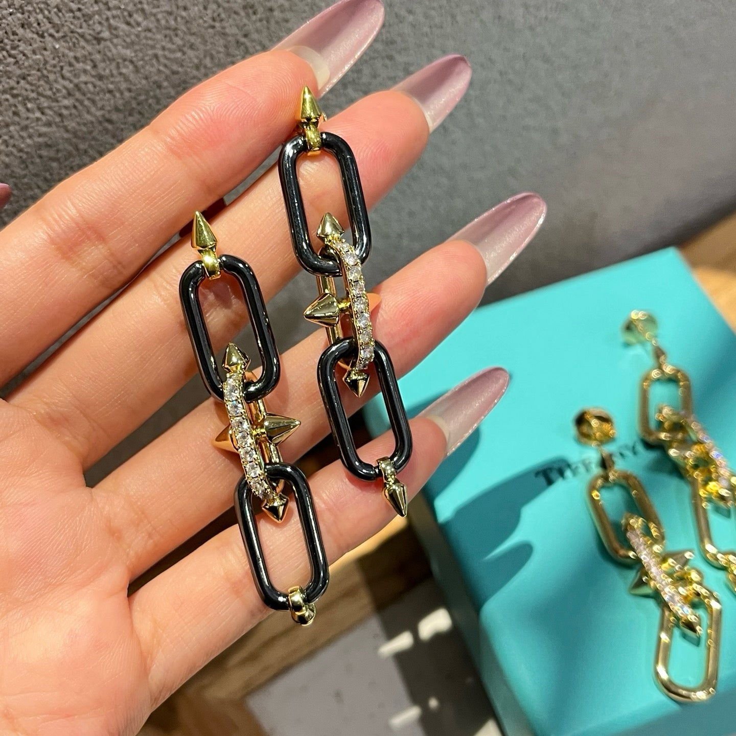 Double Link Chain Drop Earrings | Gold & Black