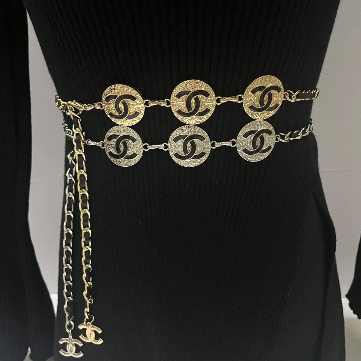 Triple Medallion Chain Waist Belt | Silver & Black