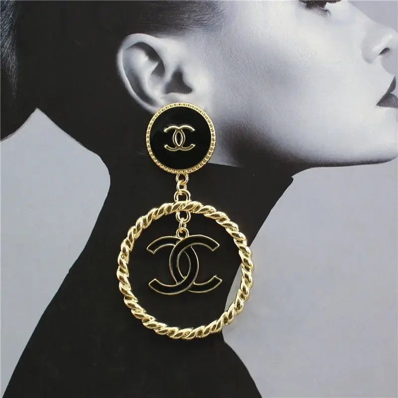 Black Enamel Round Stud & Gold Twisted Hoop Drop Earrings with Interlocking Loop Charm