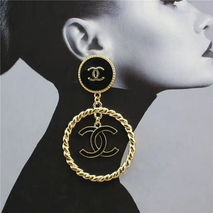 Black Enamel Round Stud & Gold Twisted Hoop Drop Earrings with Interlocking Loop Charm