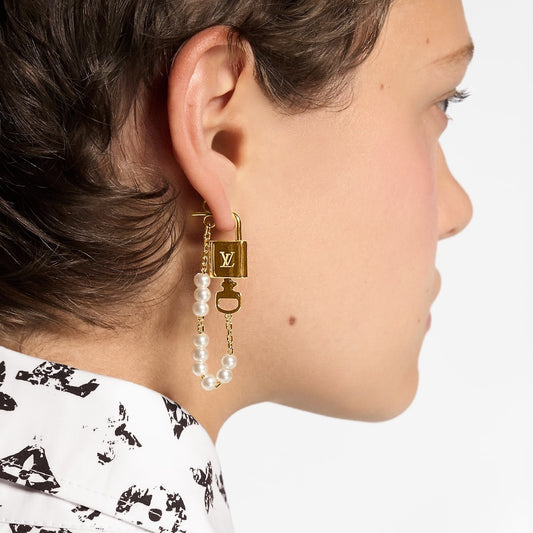 Gold Lock Pearl Drop Earrings | Elegant Dangle Earrings for Women