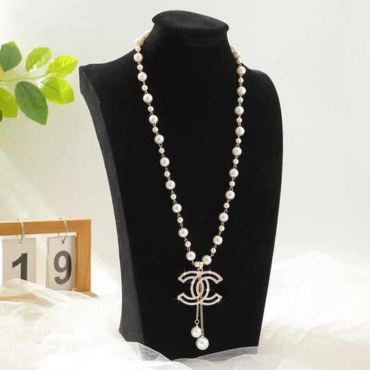Pearl Chain Long Necklace with Crystal Tassel Pendant