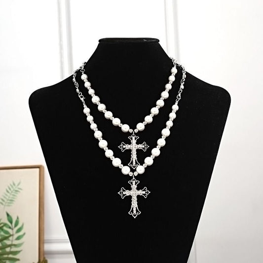 Layered Pearl Cross Pendant Necklace | Crystal Cross Women's Jewelry