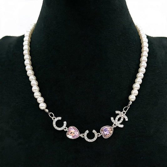 Pearl & Pink Crystal Heart Necklace | Horseshoe Charm Women's Jewelry