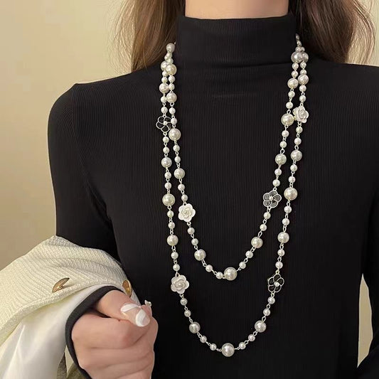 Layered Pearl Camellia Long Necklace | Double Strand Women's Jewelry