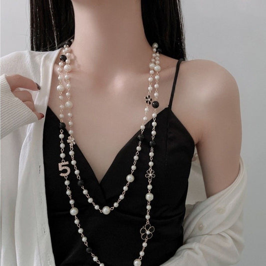 Layered Pearl & Black Bead Long Necklace | Number & Flower Charm Detail