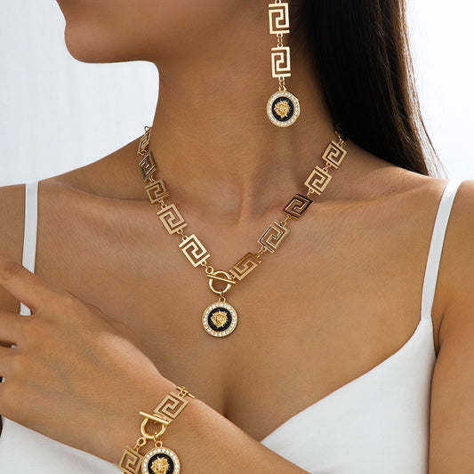 Greek Key Lion Head Jewelry Set | Necklace Bracelet Earrings 3-Piece