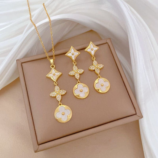 Floral Charm Jewelry Set | Gold Necklace & Drop Earrings 2-Piece