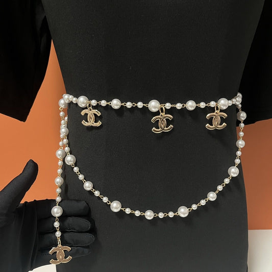 Pearl Waist Chain Belt with Double Letter Charms | 108cm Women's Body Jewelry