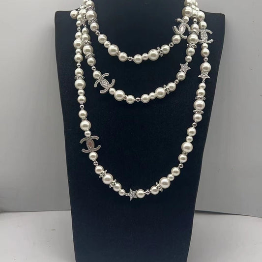 Long Pearl Necklace with Double Letter & Star Charms | Layered Women's Jewelry
