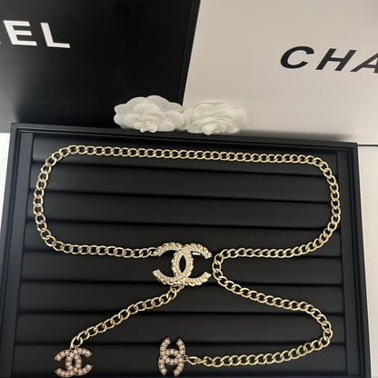Silver Curb Chain Waist Belt | Crystal Buckle & Chain Tassel Drop