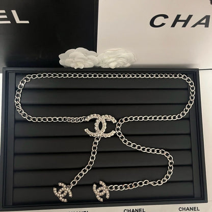 Silver Curb Chain Waist Belt | Crystal Buckle & Chain Tassel Drop
