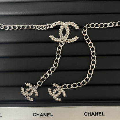 Silver Curb Chain Waist Belt | Crystal Buckle & Chain Tassel Drop