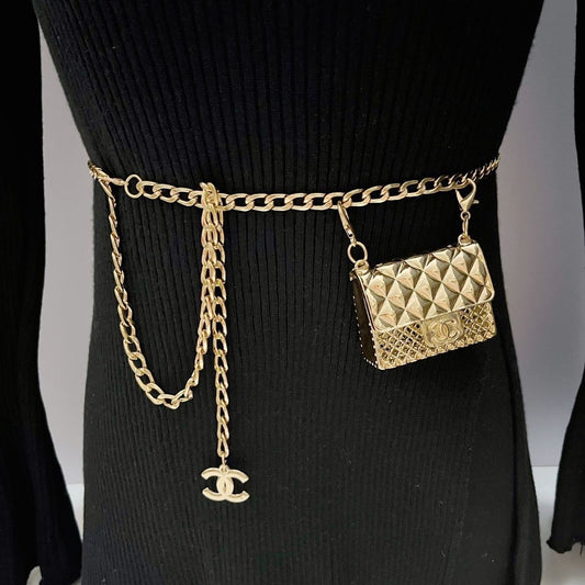 Gold Chain Waist Belt with Mini Quilted Bag Charm & Tassel Drop