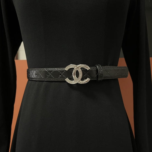 Black Quilted Leather Belt with Crystal Double-Arc Buckle | Women's Fashion Belt