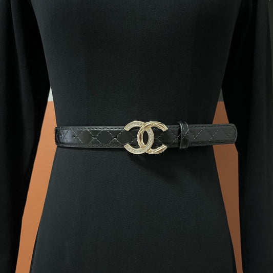 Black Quilted Leather Belt with Crystal Double-Arc Buckle | Women's Fashion Belt