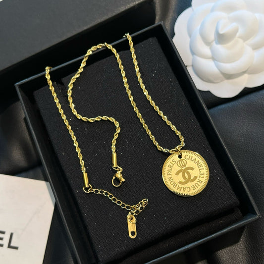 Gold Rope Chain Coin Pendant Necklace | Engraved Medallion Women's Jewelry