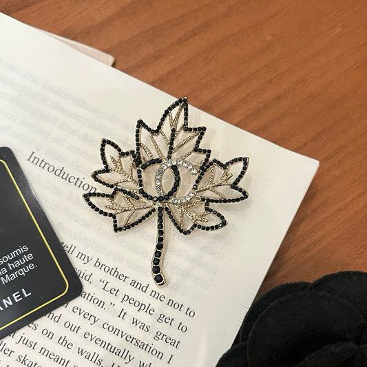 Black & Clear Crystal Maple Leaf Brooch Pin | Hollow Rhinestone Women's Accessory