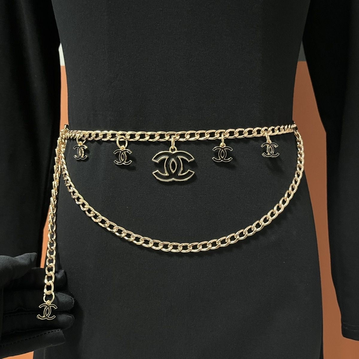 Gold Double-Layer Chain Belt with Interlocking Charm Pendants