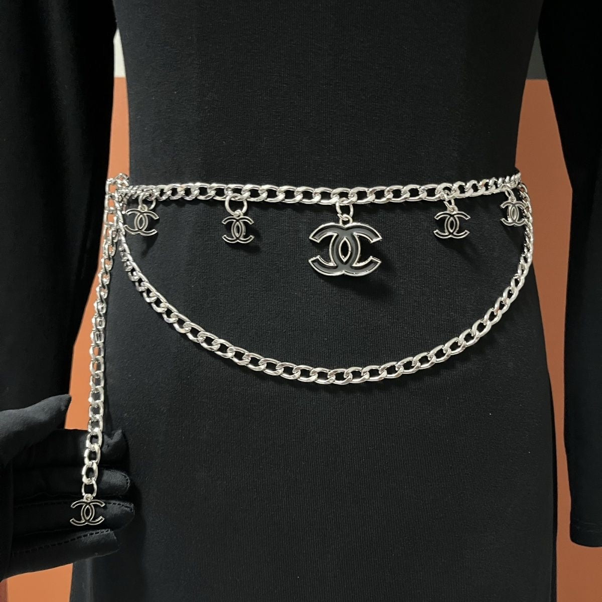 Gold Double-Layer Chain Belt with Interlocking Charm Pendants