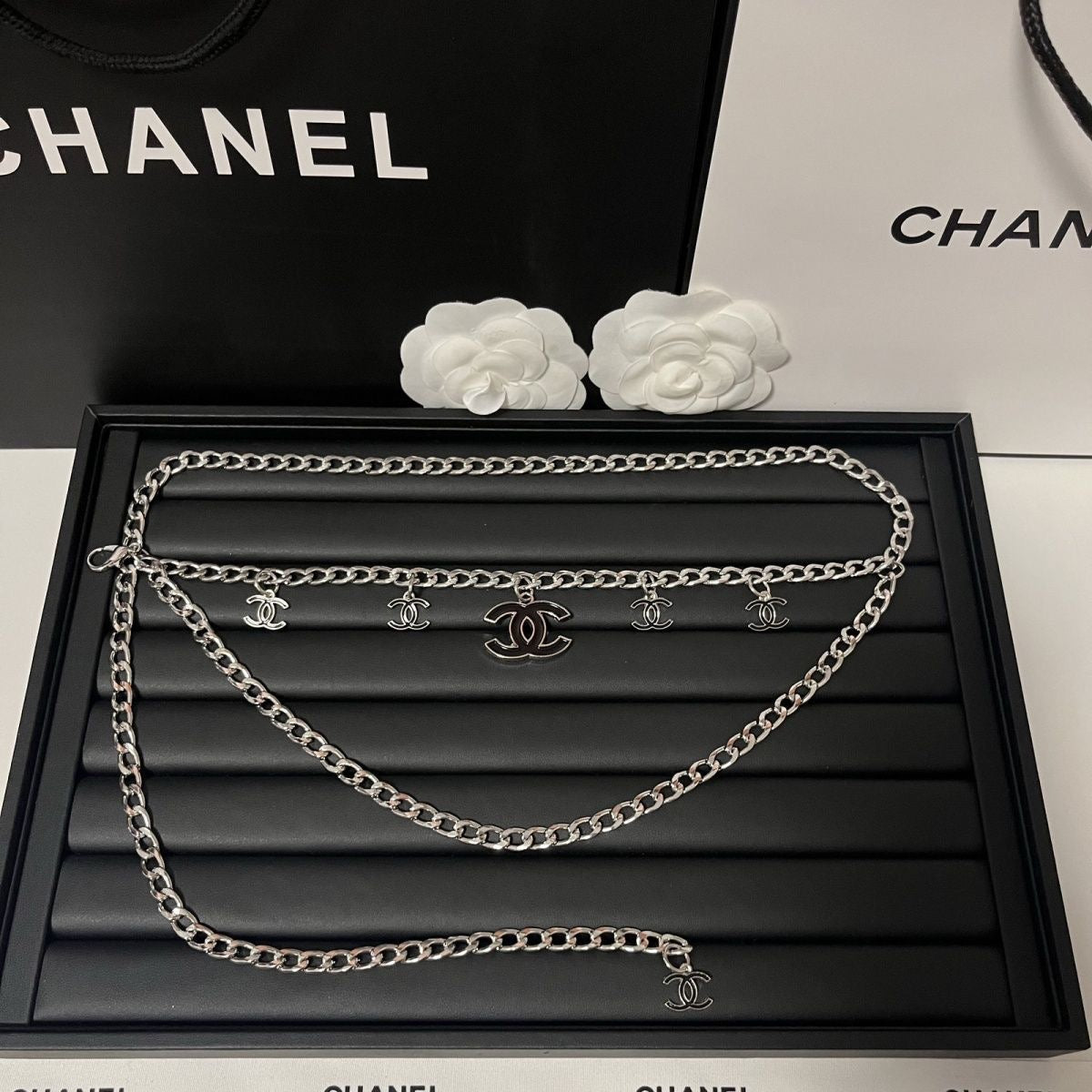 Gold Double-Layer Chain Belt with Interlocking Charm Pendants