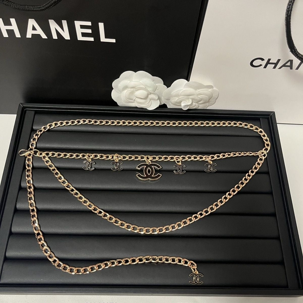 Gold Double-Layer Chain Belt with Interlocking Charm Pendants