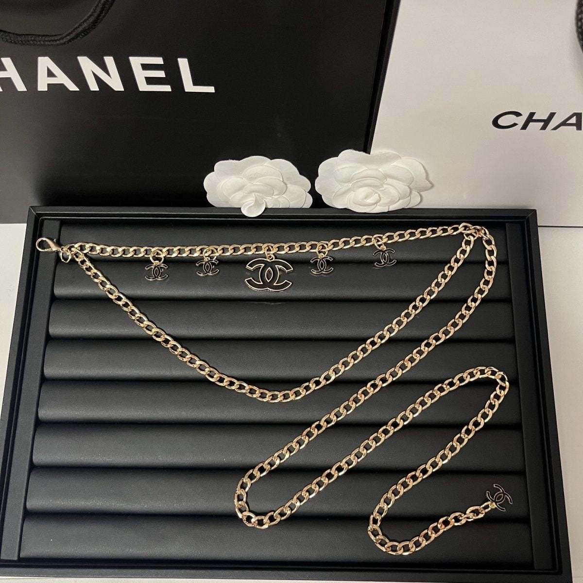 Gold Double-Layer Chain Belt with Interlocking Charm Pendants