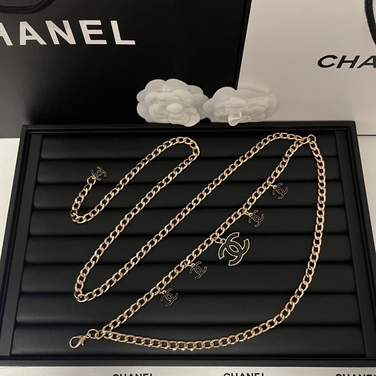 Gold Double-Layer Chain Belt with Interlocking Charm Pendants