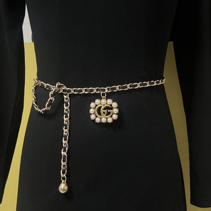 Silver Chain Belt with Pearl-Framed Double-Loop Charm