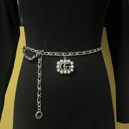 Silver Chain Belt with Pearl-Framed Double-Loop Charm