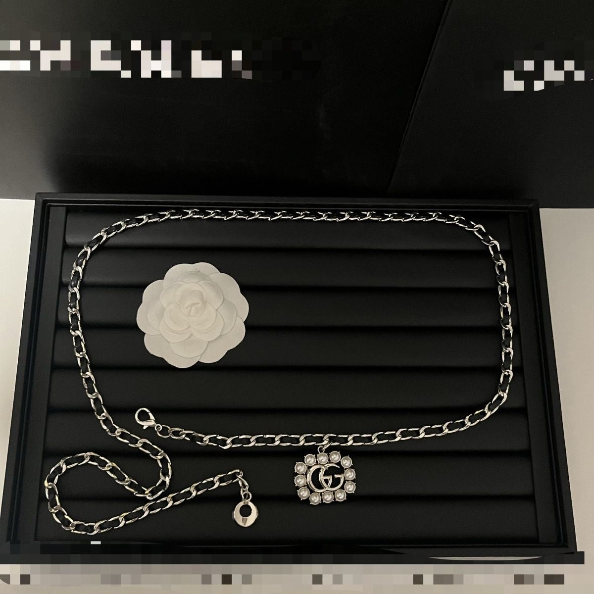 Silver Chain Belt with Pearl-Framed Double-Loop Charm