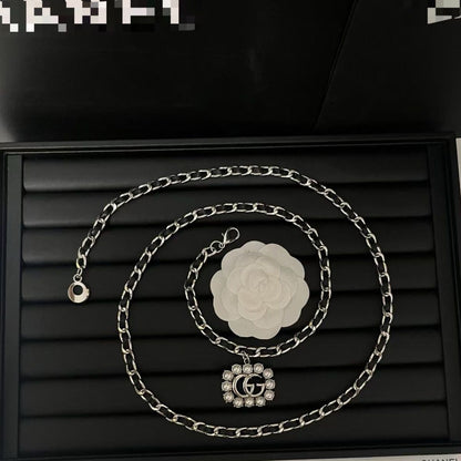 Silver Chain Belt with Pearl-Framed Double-Loop Charm