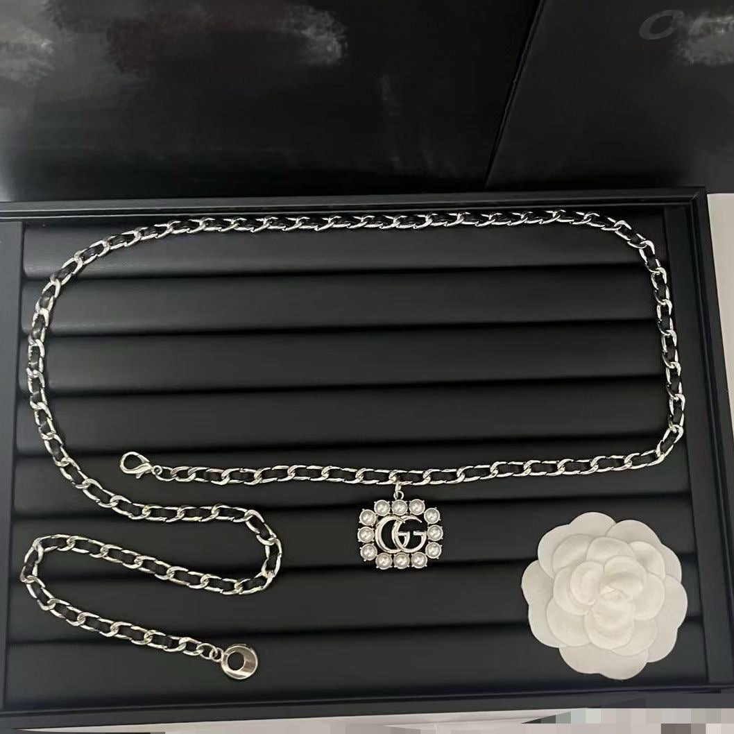 Silver Chain Belt with Pearl-Framed Double-Loop Charm