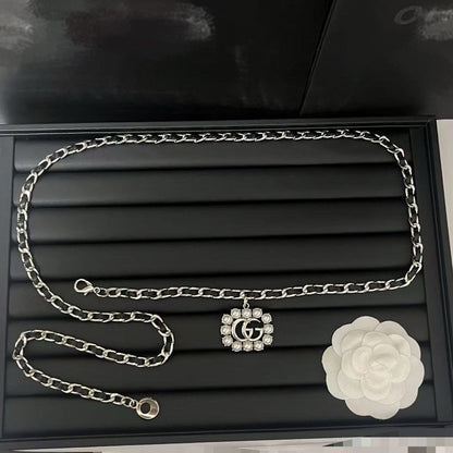 Silver Chain Belt with Pearl-Framed Double-Loop Charm