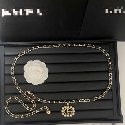 Silver Chain Belt with Pearl-Framed Double-Loop Charm
