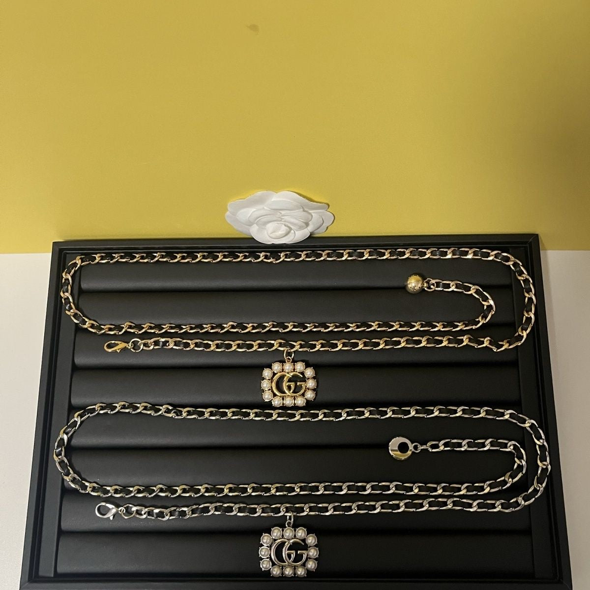 Silver Chain Belt with Pearl-Framed Double-Loop Charm