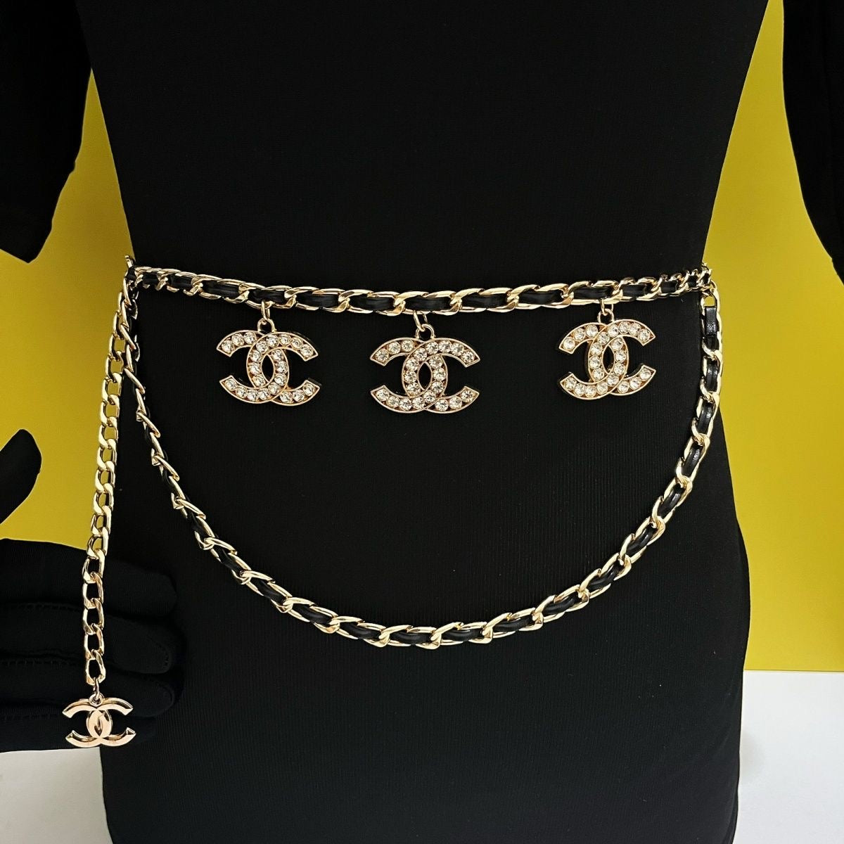 Gold & Black Double-Layer Chain Belt with Crystal Interlocking Charm Pendants