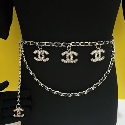 Gold & Black Double-Layer Chain Belt with Crystal Interlocking Charm Pendants