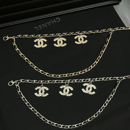 Gold & Black Double-Layer Chain Belt with Crystal Interlocking Charm Pendants