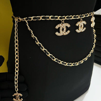 Gold & Black Double-Layer Chain Belt with Crystal Interlocking Charm Pendants