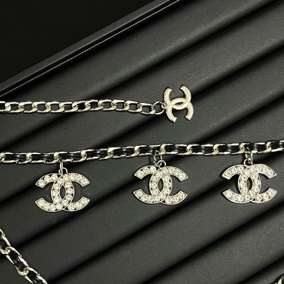 Gold & Black Double-Layer Chain Belt with Crystal Interlocking Charm Pendants