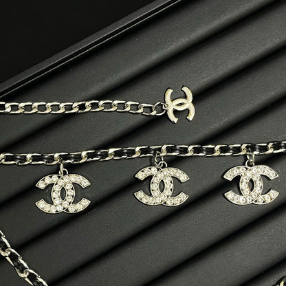 Gold & Black Double-Layer Chain Belt with Crystal Interlocking Charm Pendants