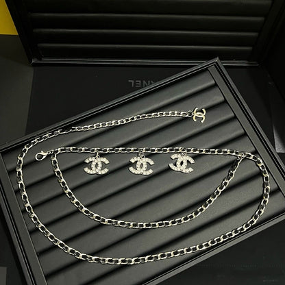Gold & Black Double-Layer Chain Belt with Crystal Interlocking Charm Pendants