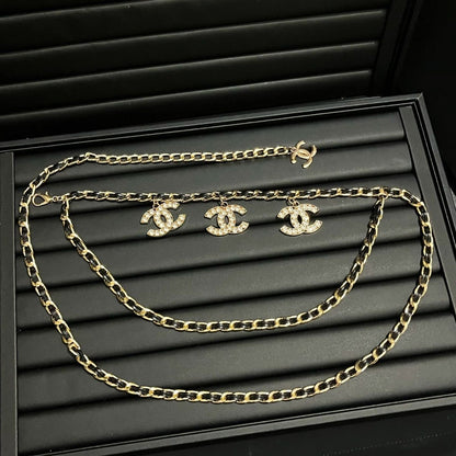 Gold & Black Double-Layer Chain Belt with Crystal Interlocking Charm Pendants