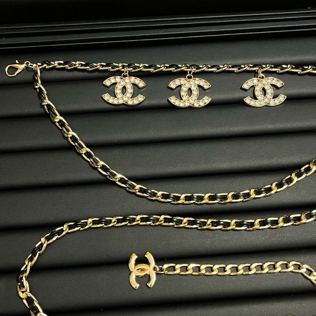 Gold & Black Double-Layer Chain Belt with Crystal Interlocking Charm Pendants