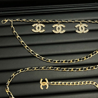Gold & Black Double-Layer Chain Belt with Crystal Interlocking Charm Pendants