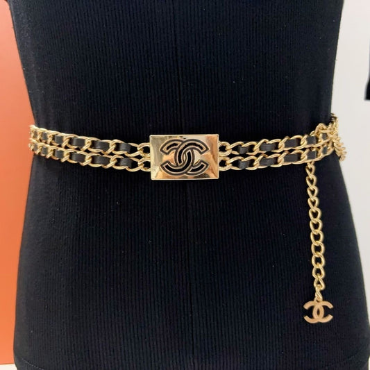 Triple-Layer Leather-Woven Chain Belt with Rectangle Buckle Charm