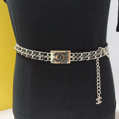 Triple-Layer Leather-Woven Chain Belt with Rectangle Buckle Charm